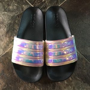 Next to brand new iridescent adidas slides women’s size 6
